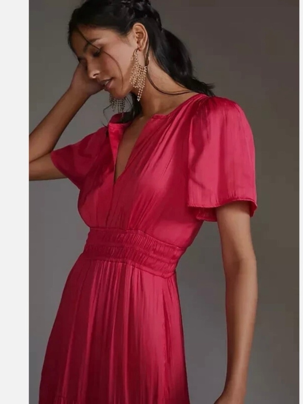 Anthropologie Somerset Maxi Dress Pink Satin Smocked Waist Pockets NWT L - Picture 6 of 14